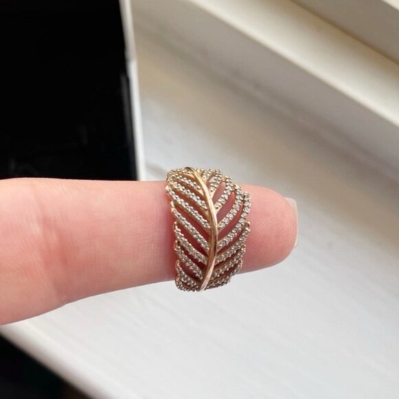Pandora Rose Gold Shimmering Diamond Feather Ring Sz 8 - Picture 3 of 5